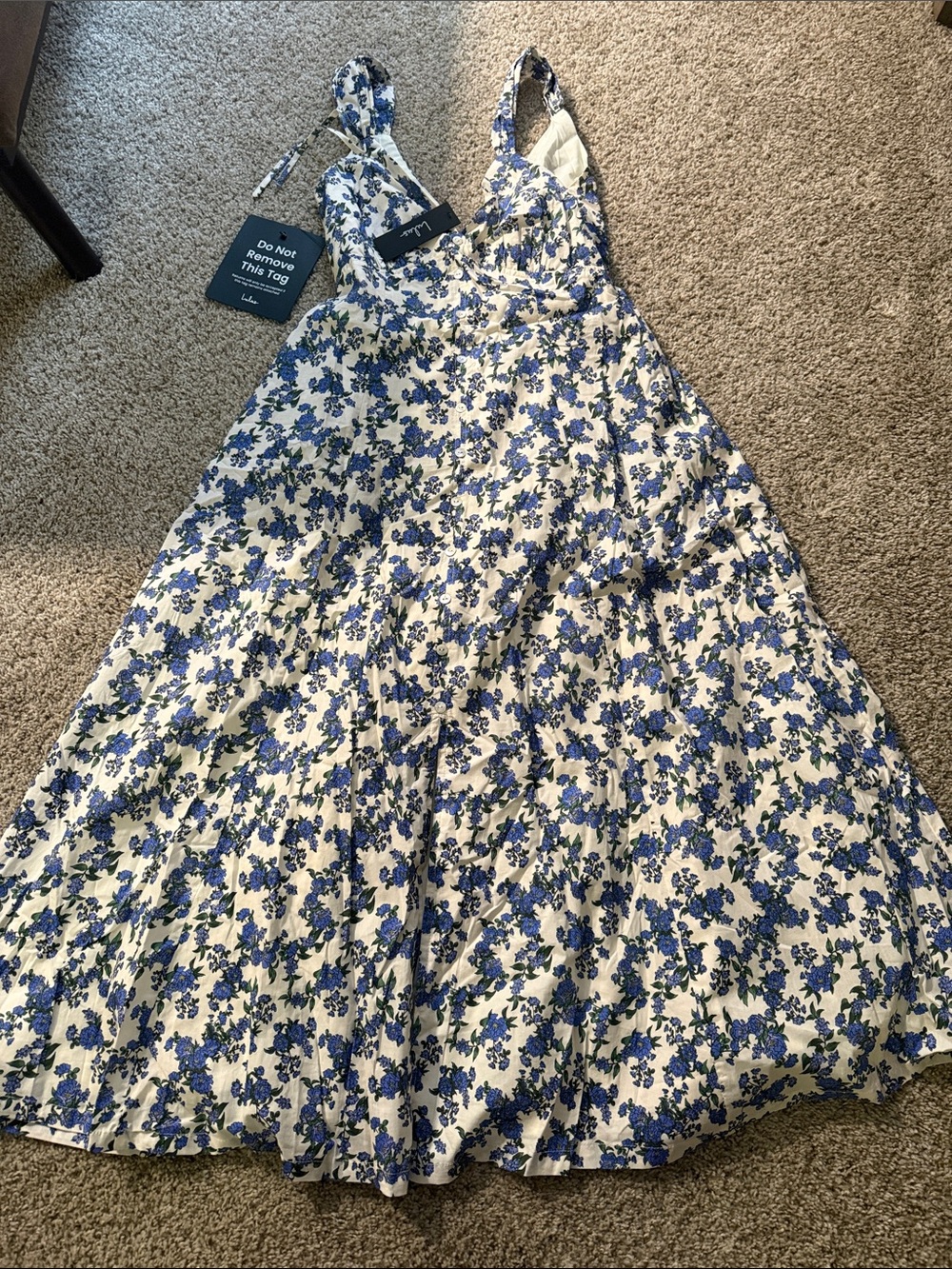 Lulu's White Midi Dress with Blue Floral Print